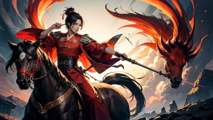 Create a manga/anime-style illustration featuring a male figure dressed in a traditional red scholarly robe (known as the ‘Zhuangyuan’ robe) from ancient China. He should be depicted riding a horse with a majestic and dynamic pose. Surrounding him, there s...