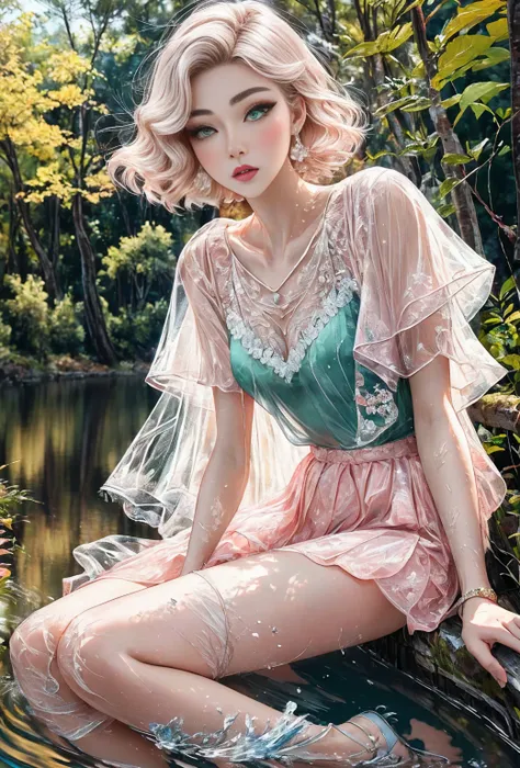 (1 woman, Beautiful and delicate green eyes, beautiful and delicate lips, very detailed 얼굴, long eyelashes), Elegant slender shoulders, delicate sexy collarbone, Fascinating goose egg face, double eyelid, smart peach blossom eyes, pink lips, small upturned...