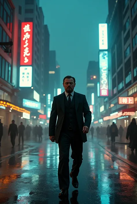 Leonardo di Caprio in the World of Blade Runner 2049 at night with rain