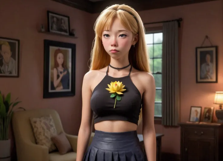 a hyper realistic perverts Beavis and Butthead offering a cute yuna (sad, disgusted, age 25, halter top, mini skirt) a lotus flower, funeral parlor, (best quality,4k,8k,highres,masterpiece:1.2),ultra-detailed,(realistic,photorealistic,photo-realistic:1.37)...