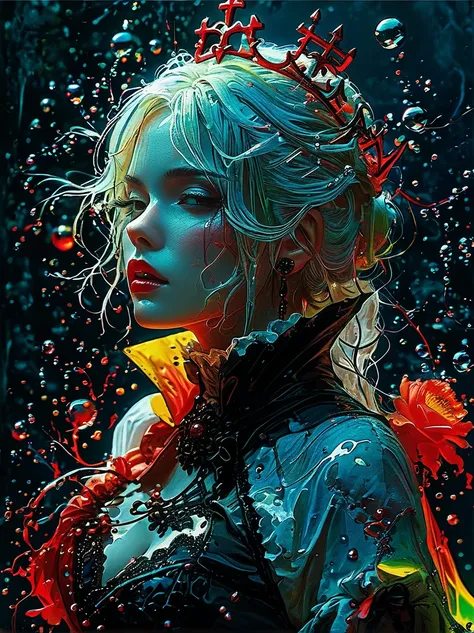 girl, Laughter, Colorful colors, surrounded by water bubbles, In kawacy style, masterpiece, Oil painting in anime style, Head close-up, Exaggerated perspective, Tyndall effect, Water Drop, Mother-of-pearl iris, holographic white, Chess Queen Costume, アニメのg...