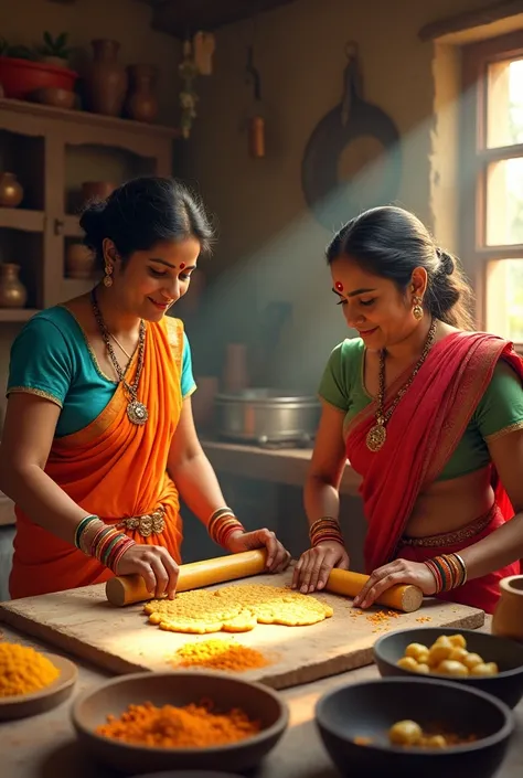 "A vibrant scene depicting traditional Gujarati Kathiavadi women in colorful attire skillfully preparing fafda in a rustic kitchen. The women, adorned with intricate jewelry and dressed in traditional sarees, are seen rolling out chickpea flour dough on a ...