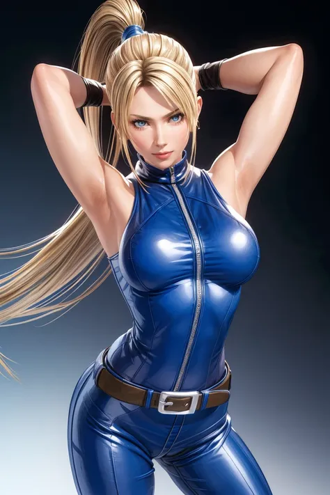 sarah, blue eyes, long hair, cowboy shot, blonde hair, high ponytail, bodysuit, shoulders exposed, (arms exposed:1.2), (tight bl...