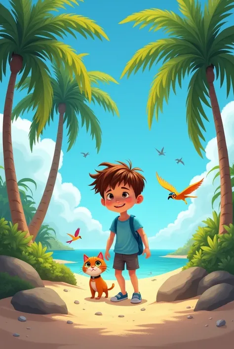 Max a young boy with brown hair and sky blue t-shirt and cat stepping onto a sandy beach; tall palm trees and colorful birds in the background, with Max looking relieved and Whiskers curious.