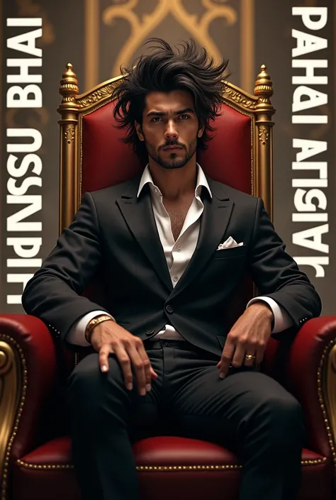 A dasing man  his hair like stand and curve 
And sit on a king chair and his background write his name and his name is HANSUU BHAI  and White further left and right of kings chair