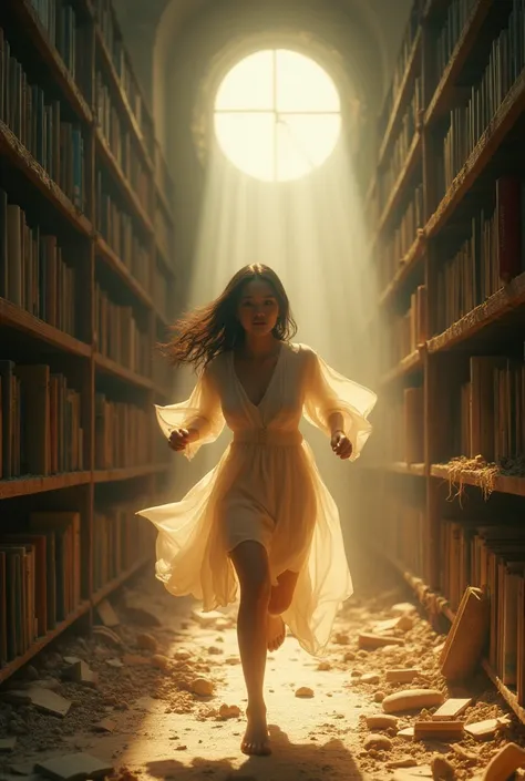 A hauntingly beautiful 3D rendering of an Asian woman running through the aisles of a crumbling abandoned library. The woman has a pale, ethereal face with detailed brown eyes that emit. Her tattered clothes flow behind her, contrasting with the dusty shel...