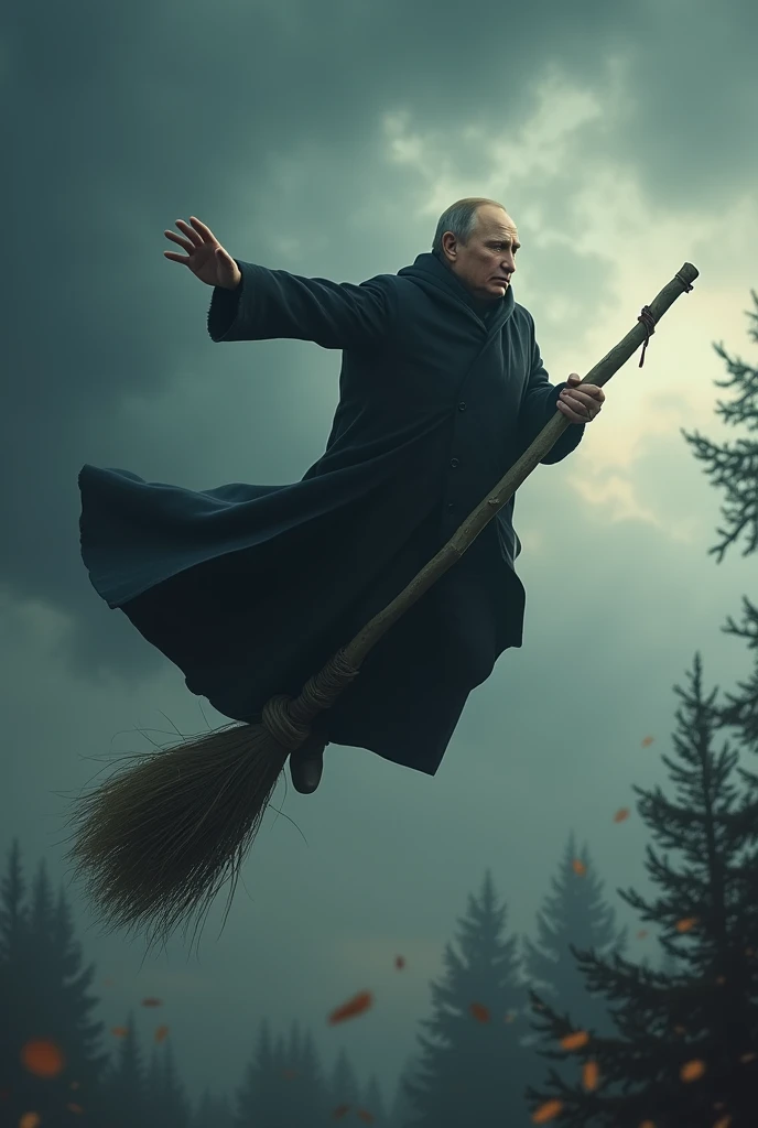 Vladimir Putin flies on a broom