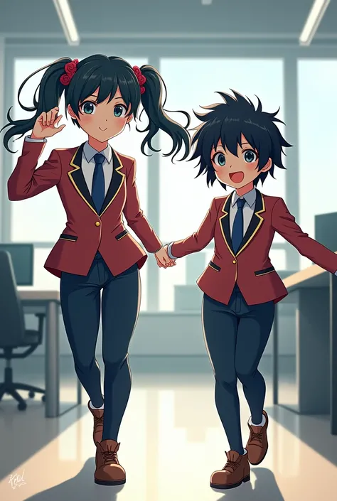 Girl with black hair wearing pigtails in an office wearing a tight uniform with a boy with curly hair wearing a black anime-type uniform