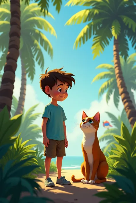 Max a young boy with brown hair and sky blue t-shirt and cat making shelter ; tall palm trees and colorful birds in the background, with Max looking relieved and Whiskers curious.