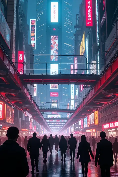 Shibuya is a model of a futuristic metropolis with red neon signs.