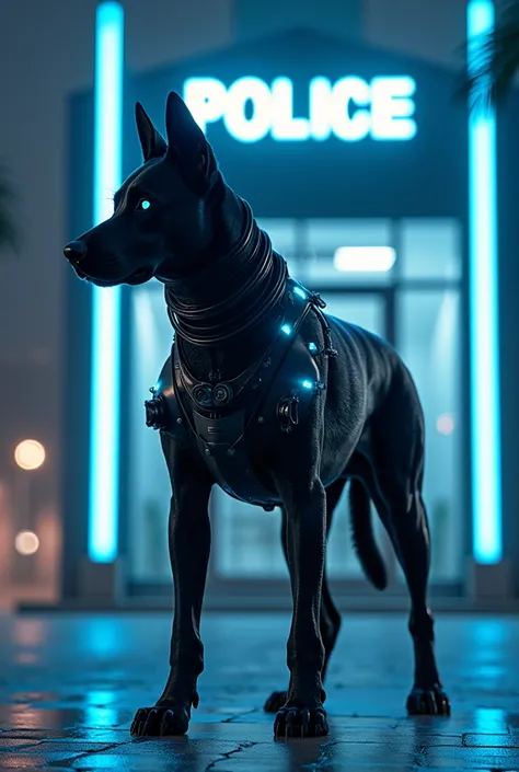 Create a black dog wearing a cyborg armor standing in front of police station,blue neon light 