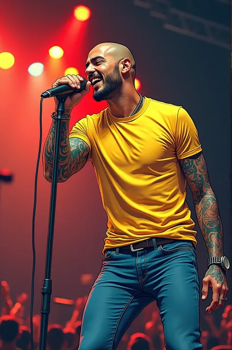 illustration of a man with a shaved head, wearing a yellow t-shirt and jeans, singing into a microphone, with tattoos on his arm, in the style of a 1970s rock concert poster.