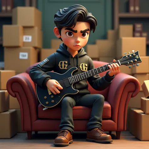 a cute adult male wearing black jacket, G letter emblem on jacket, brown leather shoes, black hair, sitting on a sofa, black electric guitar and box warehouse as background, 3d caricature, masterpiece, award-winning 3d cartoon, correct proportion, hyper de...