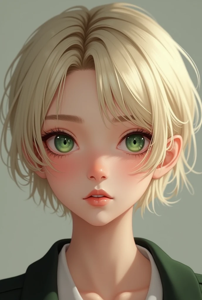 Skin tone: fair
Hair, eyebrow, eyelash color: blonde
Hair length: short-medium-ish
Hairstyle: wolfcut
Hair texture: soft-smooth-silky
Eye color: green
Eye shape: almond