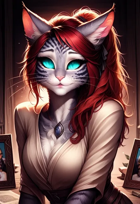 a sexy nude catgirl with long detailed red hair, beautiful detailed eyes, beautiful detailed lips, extremely detailed face, long...