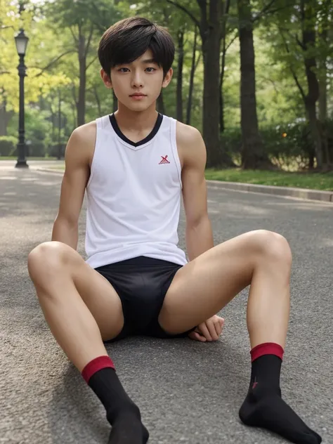  teenagers , very young , light-skin , wearing an dark red sexy underwear, tmasterpiece，k hd，the feet，Transparent sports vest，semi transparent，black long socks，The barefoot , red colour , handsome and cute , extreme cute boy , white skin , dark red underwe...