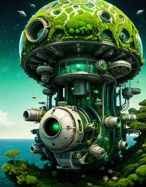 Sci-fi, concept art, (mechanical gears style), surrealistic illustration of a ornate, (Canon style DSLR), BREAK (a Jellyfish-shaped Pointillism spaceship heads toward the futuristic space colony The interior of the cylinder reveals a meticulously planned S...