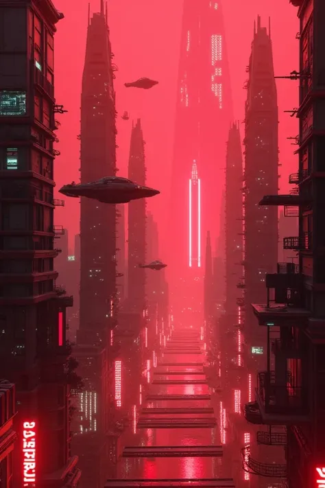 A futuristic metropolis seen from above in red neon lights