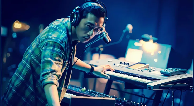 arafed man in headphones playing a keyboard and a microphone, keyboardist, shigeto koyama, shigeto hirai yuya, using synthesizer, andrew thomas huang, profile pic, fanart, random artist, playing a korg ms-20 synthesizer, mixing, electronic music, avatar im...