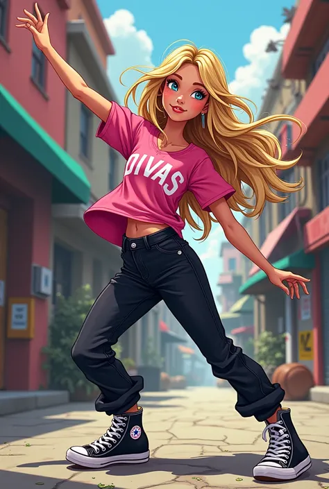 Hip hop, street dancer, teenager, long blonde hair, blue eyes, pink baseball top, black bottoms trousers, black converse, cartoon style, DIVAS writing