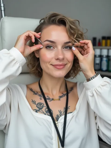 A woman with short curly hair sits and tattoos a customer&#39;s eyebrows.