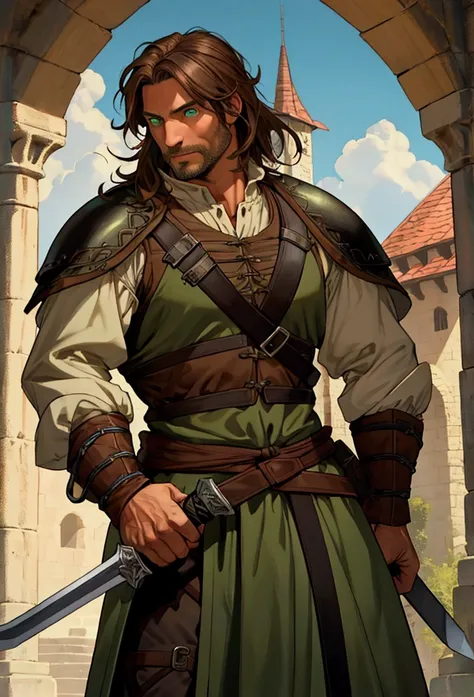 (masterpiece), (Defined details), (best quality), 40 year old man, muscular, green eyes, Brown hair,  medieval adventurer clothing, Holding a black sword, (4k)