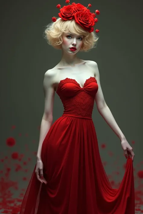 Pombagira with short wavy blonde hair wearing a long red strapless dress with a red rose on her head similar to a sensual white-skinned Brazilian woman