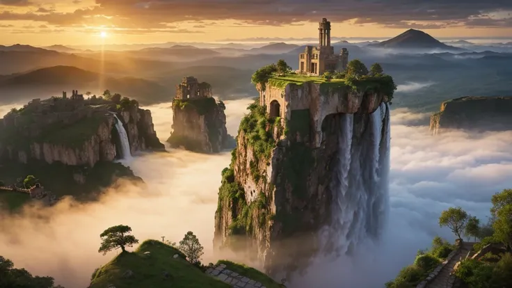 A floating island surrounded by misty clouds, with ancient ruins and waterfalls cascading into the sky below. A serene, dreamy atmosphere with a soft golden sunset in the background.