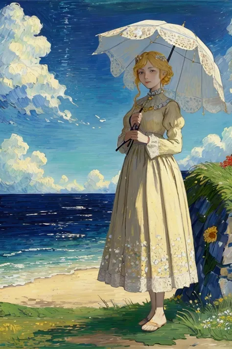 A noblewoman standing on a cliff by the sea, summer sunlight, summer flowers and grasses at her feet, standing with a parasol and looking at the sea, Van Gogh style oil painting touch, best picture quality