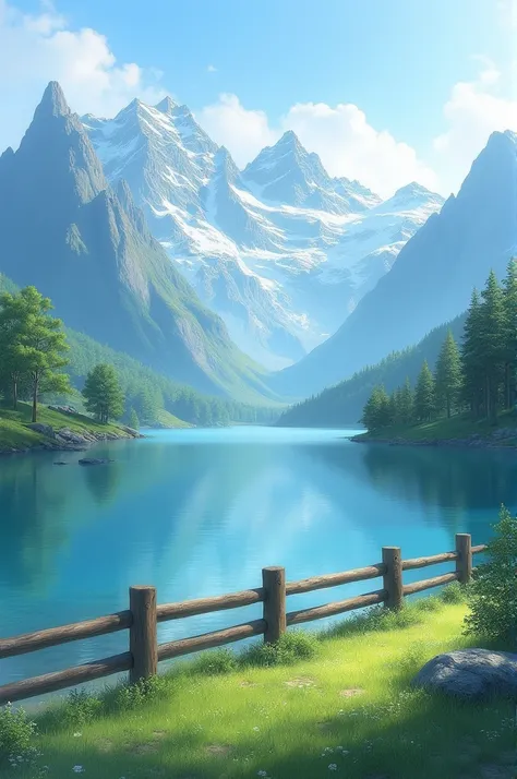 a lake surrounded by mountains and a wooden fence in the foreground with a grassy area in the foreground, Bernd Fasching, naturalism, beautiful landscape, a matte painting