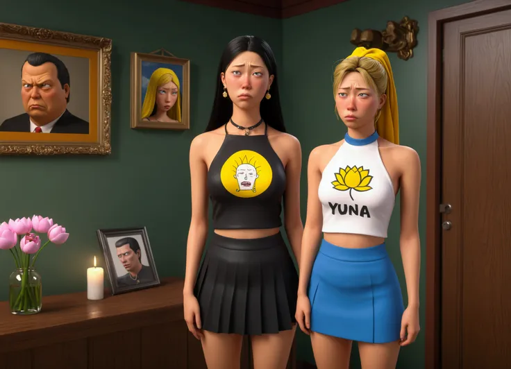 a hyper realistic perverts Beavis and Butthead offering a cute yuna (sad, disgusted, age 25, halter top, mini skirt) a lotus flower, funeral parlor, (best quality,4k,8k,highres,masterpiece:1.2),ultra-detailed,(realistic,photorealistic,photo-realistic:1.37)...