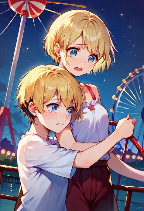 A girl with black short hair hugs a girl with blonde short hair , Amusement park 、the Ferris wheel , Late at night, dark,tear,Glad, ( There must be two people in the image) ,2 women, 