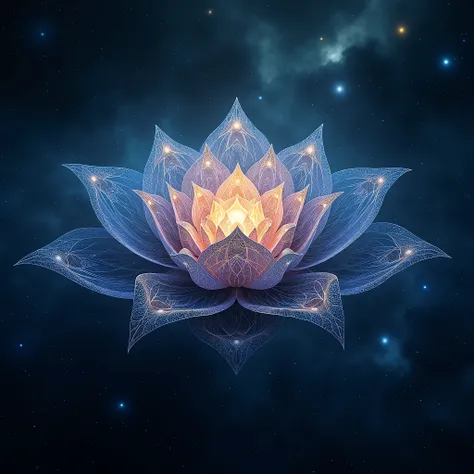 A mandala in the shape of a lotus flower spread across the universe, very delicate, fractal, symmetry