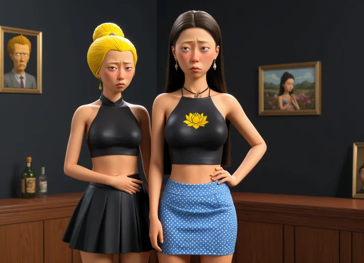 a hyper realistic perverts Beavis and Butthead offering a cute yuna (sad, disgusted, age 25, halter top, mini skirt) a lotus flower, funeral parlor, (best quality,4k,8k,highres,masterpiece:1.2),ultra-detailed,(realistic,photorealistic,photo-realistic:1.37)...