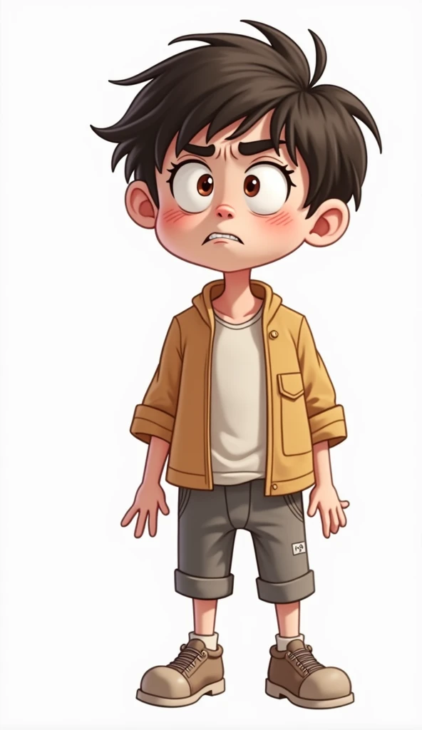 Design a detailed cartoon of a boy showing a worried expression. The boy should have wide, anxious eyes, a tense mouth, and a slightly hunched posture. His clothing should be simple and slightly disheveled, with soft, muted colors to highlight his concern ...