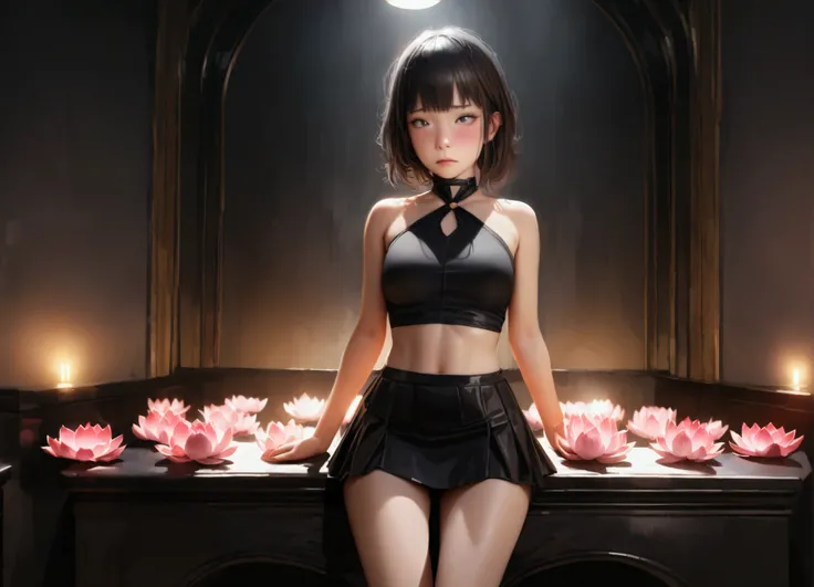 a girl in a funeral parlor offering a cute girl a lotus flower, hyperrealistic, perverts beavis and butthead, sad and disgusted expression, 2, halter top, mini skirt, highly detailed, intricate, masterpiece, photorealistic, 8k, cinematic lighting, dramatic...