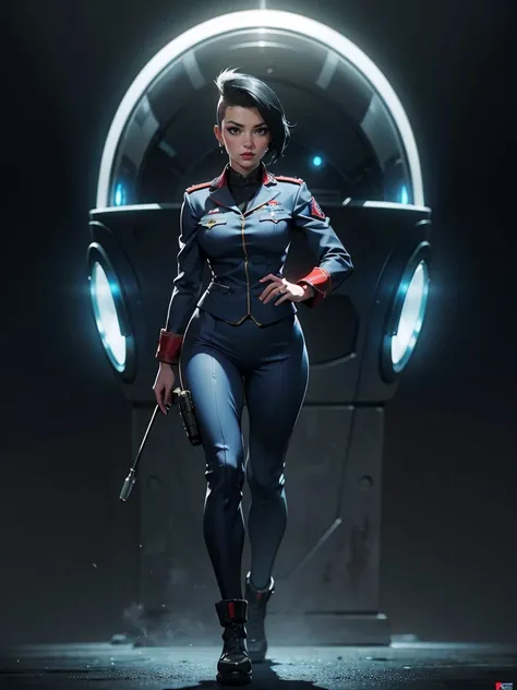 a pinup girl in a futuristic ww2 style, full body shot, mohawk hairstyle, round background, sci-fi, hyper detailed, cinematic lighting, volumetric fog, vibrant colors, intricate details, high resolution, masterpiece, beautiful face, military uniform, muscu...