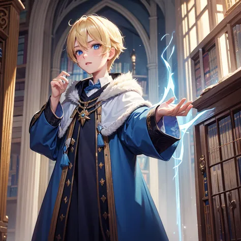 A Boy with Blue Eyes, Wizard Robe, Grimoire, Library Background, Blonde Hair.