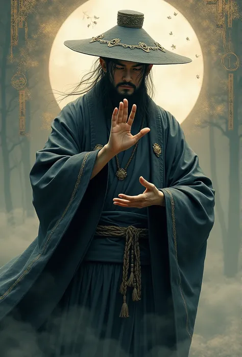 "Create an image of an onmyoji (Japanese sorcerer), inspired by the legendary figure Abe no Seimei. The onmyoji should be shown making a symbolic hand gesture where the thumb and ring finger are touching, while the other fingers remain extended. The image ...