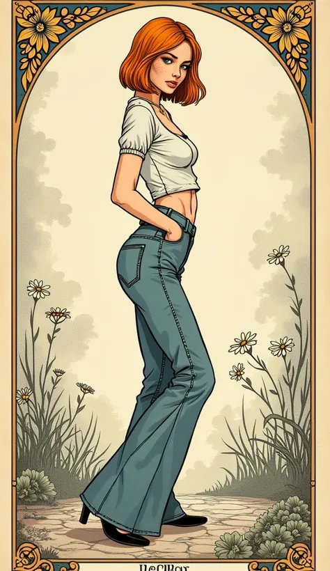 masterpiece, plain vintage tarot line-art aesthetics, orgasm,submissive, teenager young girl, high-waisted flared jeans, ethnic pattern, tight blouse, turns around, frame, heels, freckles, orange bob haircut