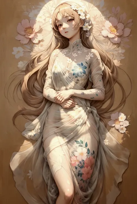 Illustration anime style, Glazing Techniques, (Girl&#39;s whole body, Wrapped in delicate light and shade, Floral motifs are detailed with clear lines., Latest artwork, There is depth to the painting)