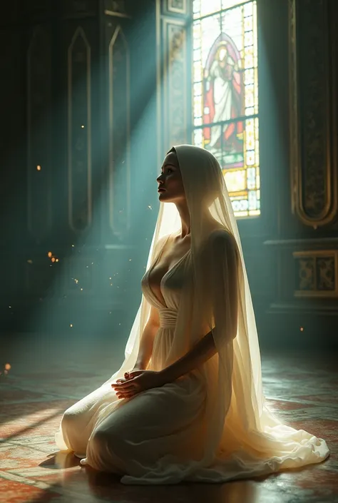 ((Highest quality)), ((masterpiece)),In the upper oblique view, a translucent nun (D-cup bust) kneels in prayer in the divine light pouring from the stained glass, the woman is in focus, and glowing dust is dancing.