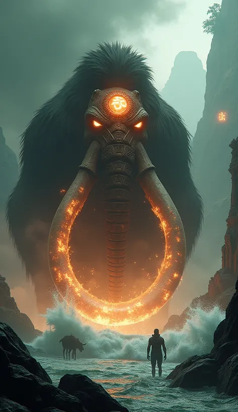 Kaiju of Hinduism: The Mammoth Titan:
In this dramatic scene, a colossal Kaiju, resembling a massive, ancient mammoth, emerges ominously from a swirling vortex of dark smoke. Only the front of the creature is visible, but its presence is overwhelmingly pow...