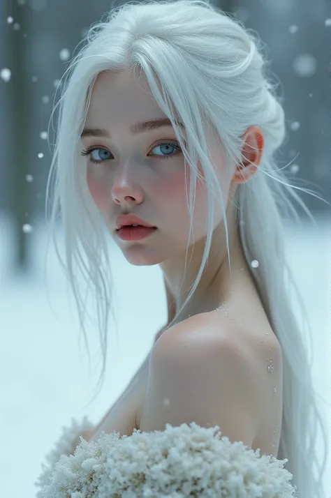 (realistic), (hyperrealism),best quality, masterpiece,ultra high res, (photorealistic:1.4),1girl,pale skin,skinny,(looking at viewer),bare shoulder, (white hair,) snowing outdoor, looking at viewer,
upper body,