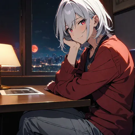 {{high quality}}, {{8K Ultra HD}}, red eyes, 1 male, crimson jacket, indigo shirt, grey Jeans, red-crescents moon necklace, Anatomical correct, Best quality, anime, human, white hair, {{masterpiece}}, night time background, staring out to city, gentle smil...