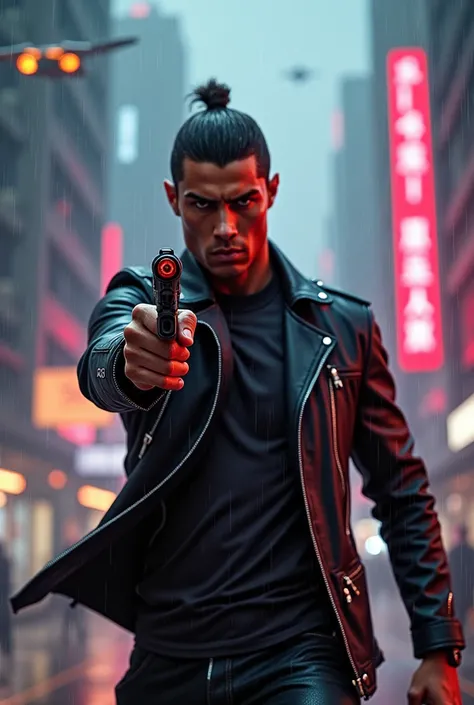 Cristiano Ronaldo and furious in the world of Blade Runner 2049 at night with rain and flying futuristic cars and with a futuristic pistol in his hand preparing to shoot someone