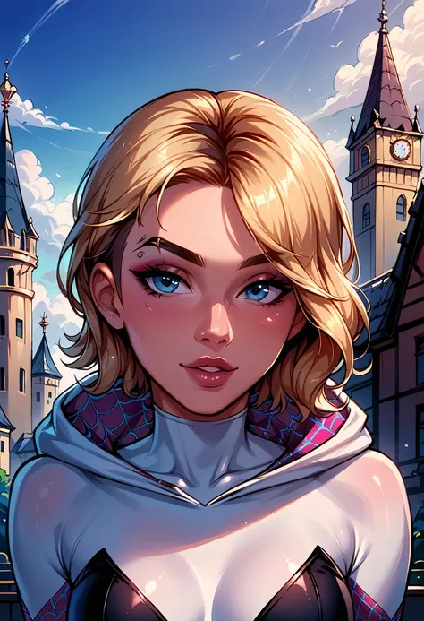 Dark Fantasy Art of score_9, score_8_up, score_7_up, rating_questionable, fantasy, lighting, epiCPhoto 1girl, very sexy short hair Gwen Stacy, Spider Gwen suit, solo, cute, flirt, gaze, sexy look, half-closed eyes, head tilt, filled lips, thick lips, makeu...