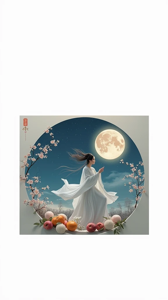 Mid-Autumn Festival, A round moon, the night, （Moon cake）, teas, the fruits, edgBunny, Change rushes to the moon, symmetry, high detail, Romanticism, sparkle, god rays, ray tracing, UHD, retina, masterpiece, ccurate, super detail, high details, high qualit...