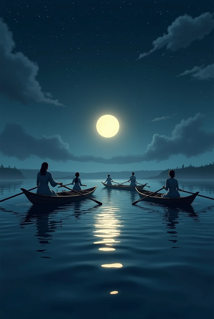 Women rowing boats in the water at night