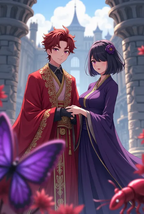 1 Japanese man,Age 18,reddish brown hair,Red King Costume,Take a photo with one of the highest ranking female judges.,,Age 17,Short hair covering the right eye,purple dress,Behind the stone castle,Purple serpent butterfly,Red kuwakata beetle,Cool anime,Bro...